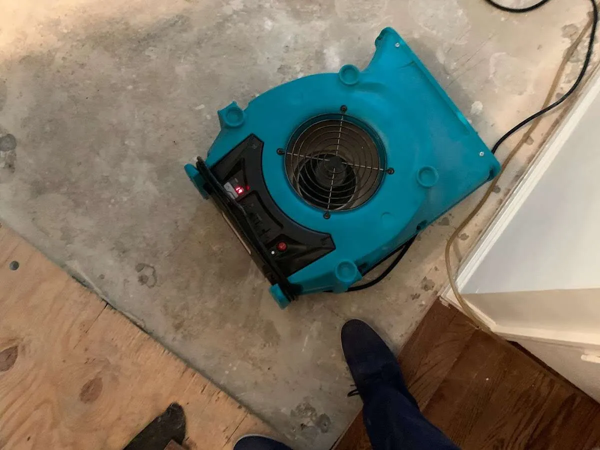 Air mover drying subfloor during Leak Detection & Repair in Rittman